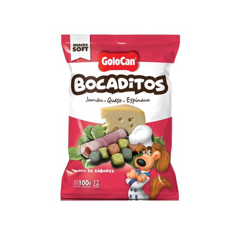 Bocaditos Blandos Para Perros Sabor Jamón, Queso y Espinaca x 100 gr Golocan