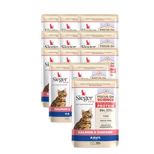 Sieger Gato Adulto Salmón y Pollo Pack de 12 Pouch x 100 gr c/u