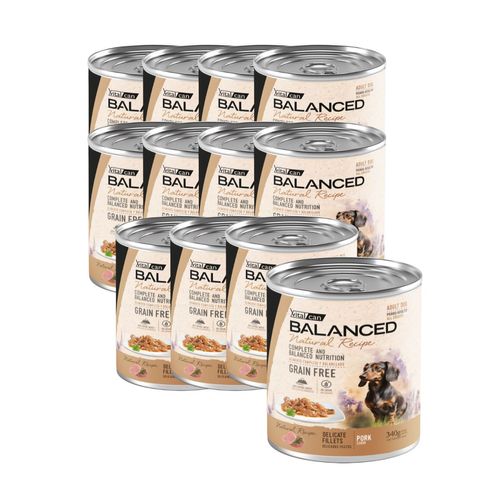 Vitalcan Balanced Natural Recipe Delicados Filetes Perro Adulto Cerdo Pack de 12 Latas x 340 gr c/u